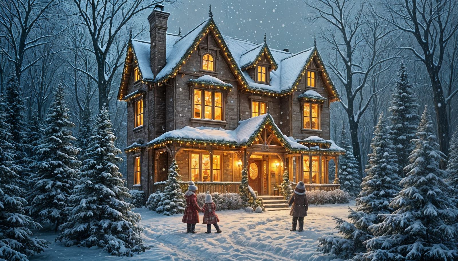 Victorian Christmas House in Falling Snow