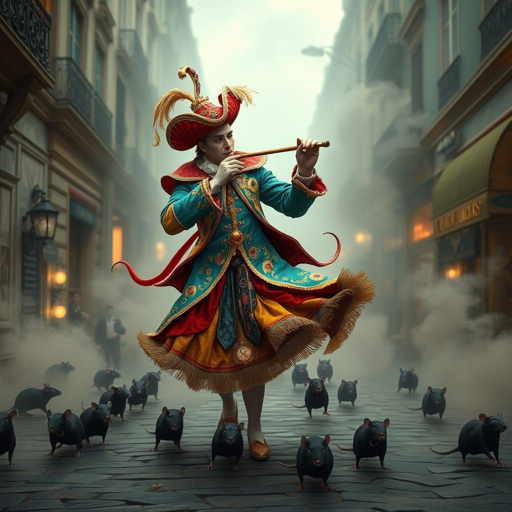 Vibrant Pied Piper Dances with Rats through Foggy Paris Stre...
