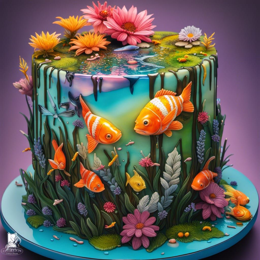 Hyperrealistic Cake with Forest, Lake and Fish