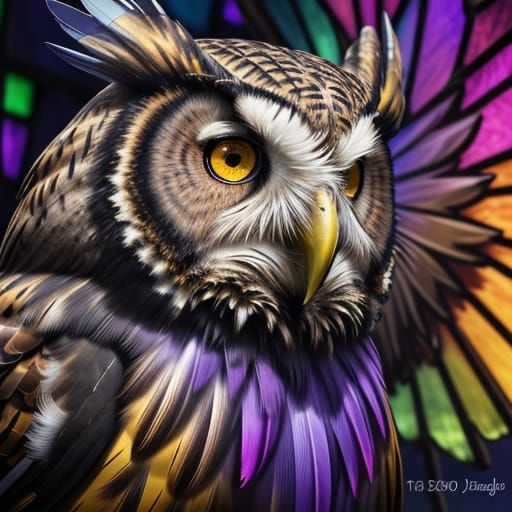 Mystical Stained Glass Owl in Vibrant Fantasy Landscape