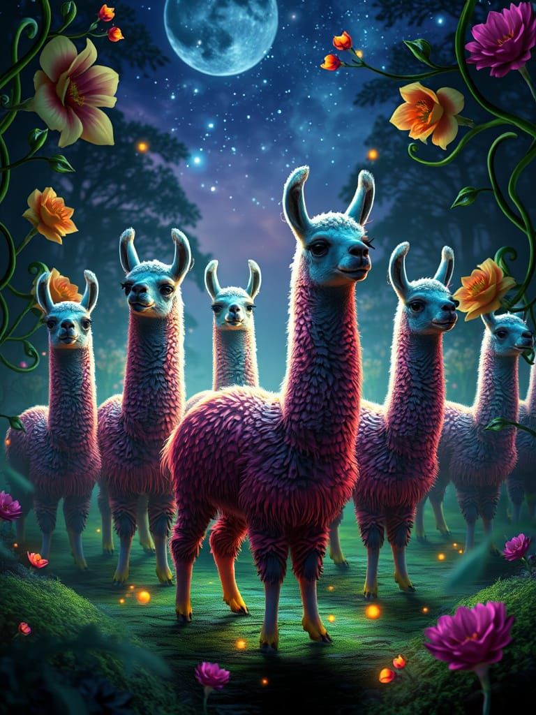 Surreal Chibi Llamas in Bioluminescent Forest