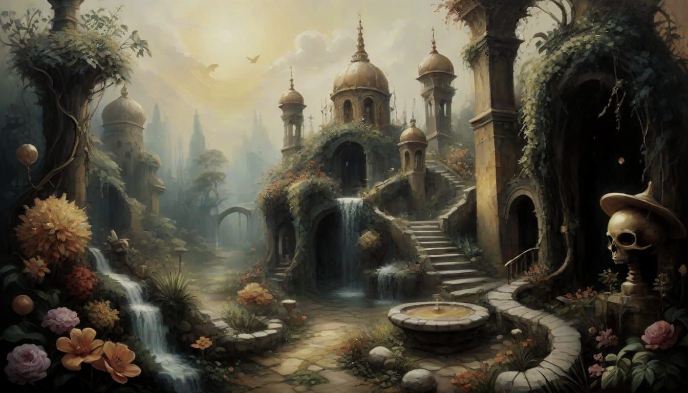 Surreal Eden Garden in Warm Impasto Oil Painting