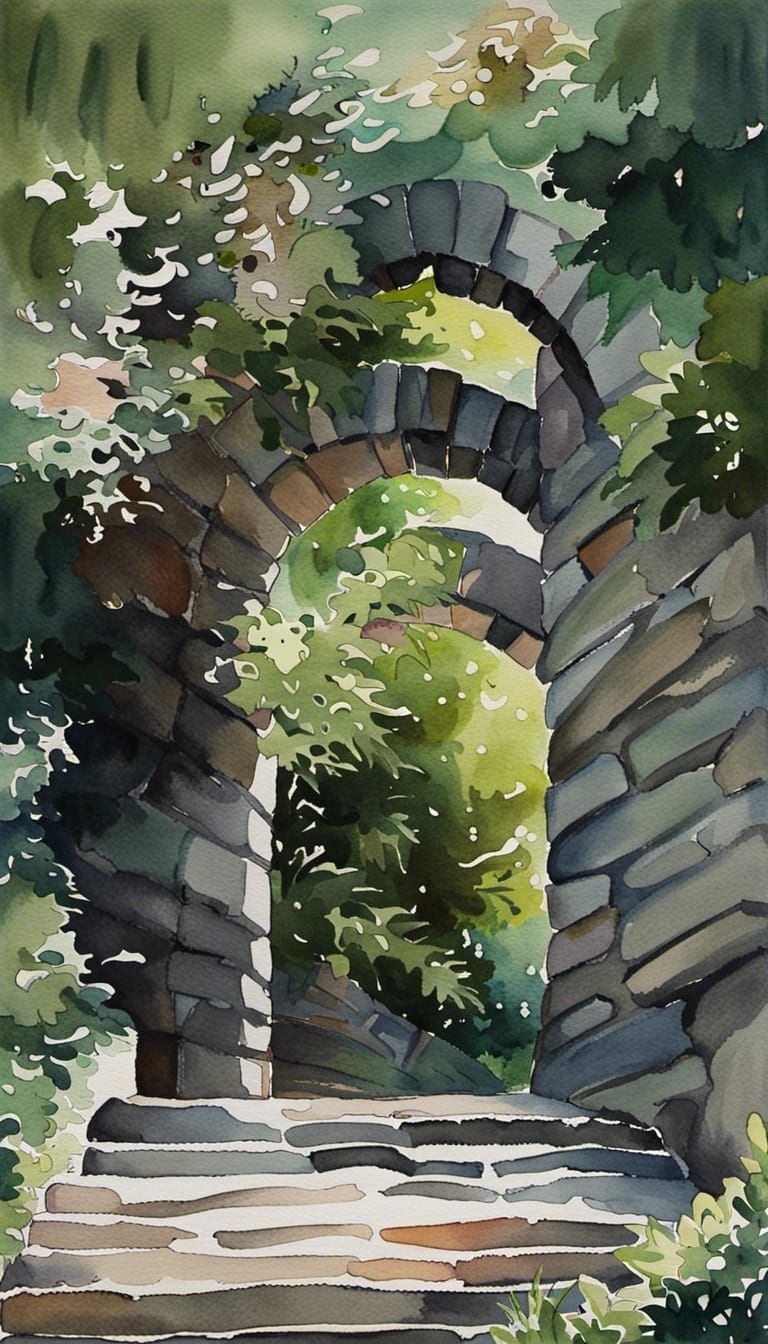 Watercolor Impressionist Stone Gate to Nature