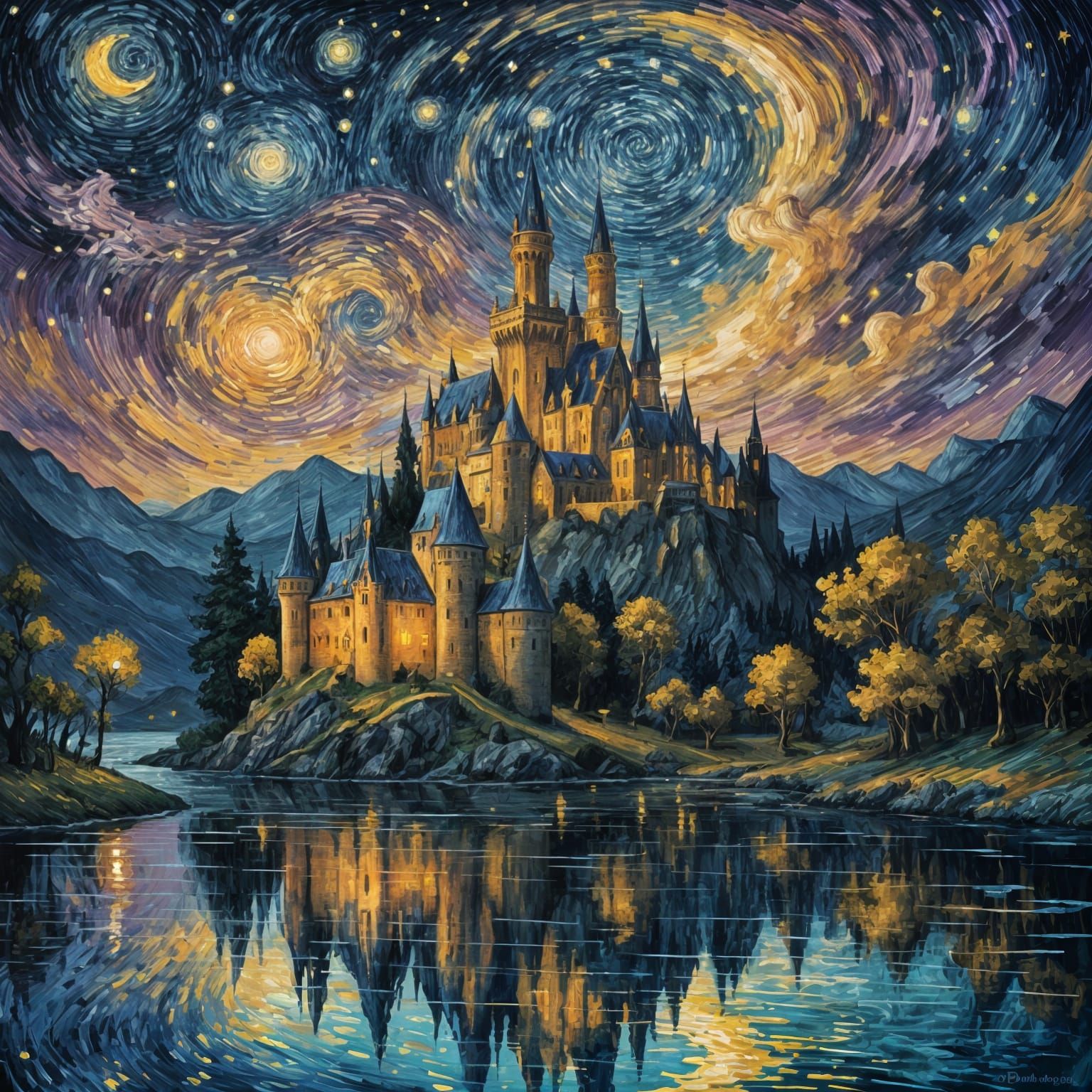 Starry Night Castle Painting in Van Gogh Style