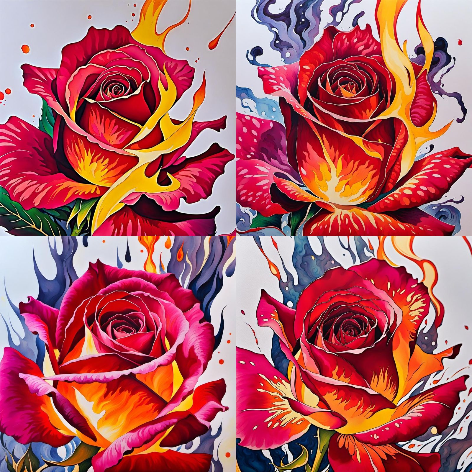 Detailed Fire Rose: Marbling and Oil Splash Illustration
