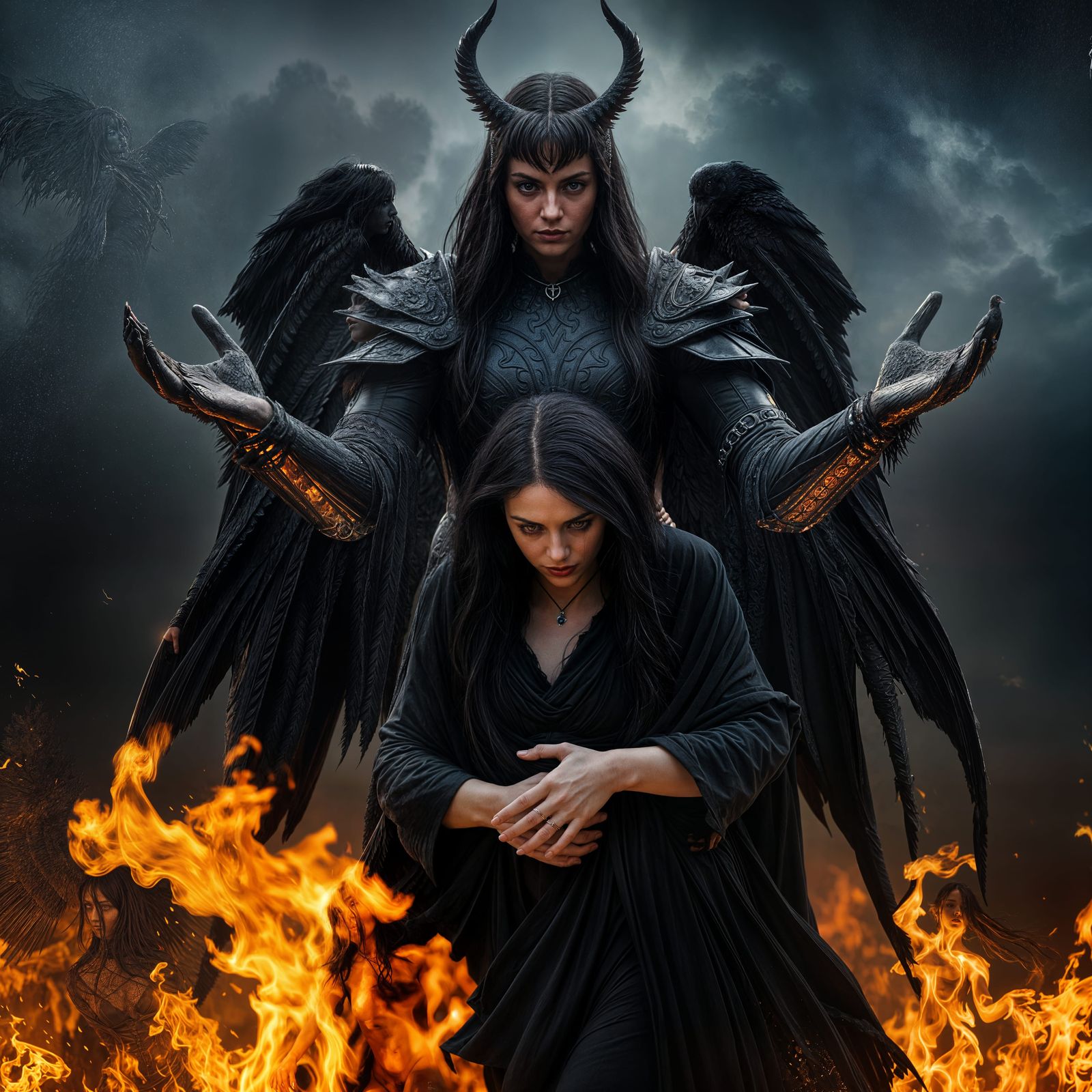 Gothic Goddess Morrighan Protecting a Wounded Woman