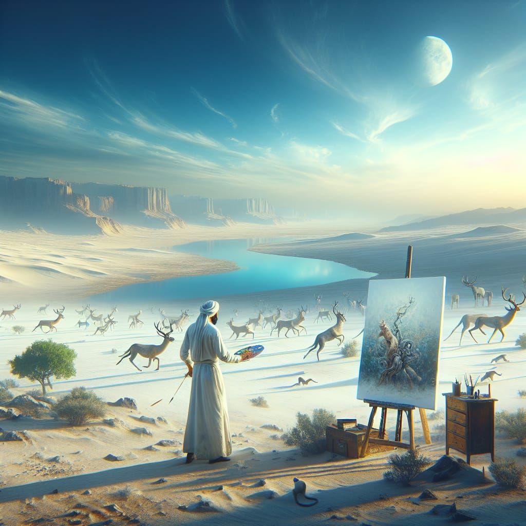 Middle-Eastern Man Painting Art in Desert Landscape