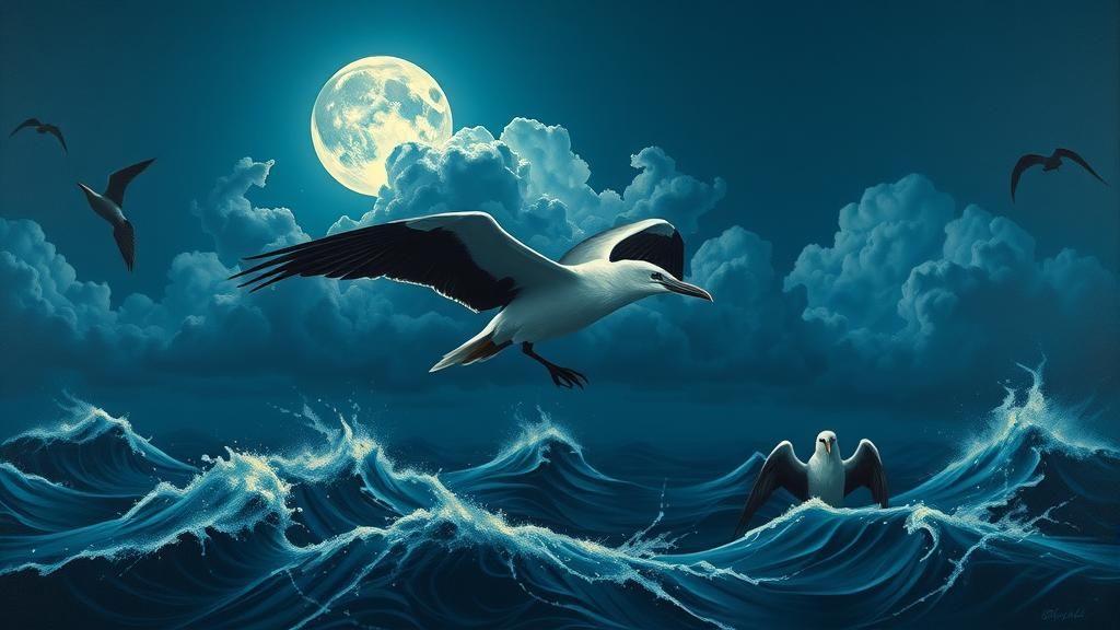 Frigate Bird Soaring Over Moonlit Stormy Sea