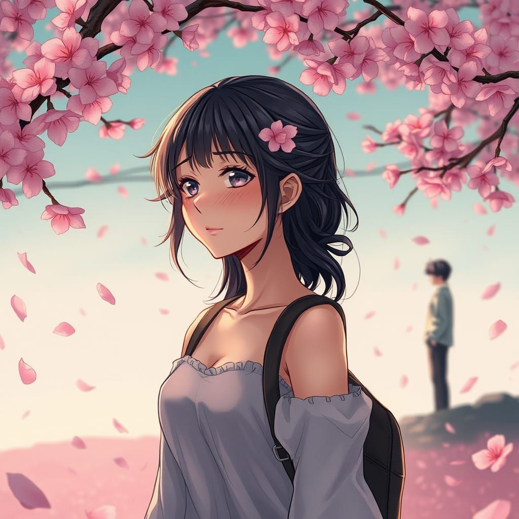 Melancholic Young Woman Surrounded by Cherry Blossoms in Ani...