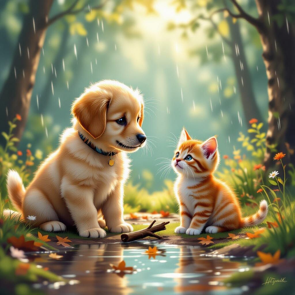 Puppy Offers Friendship to Kitten in Rainy Forest