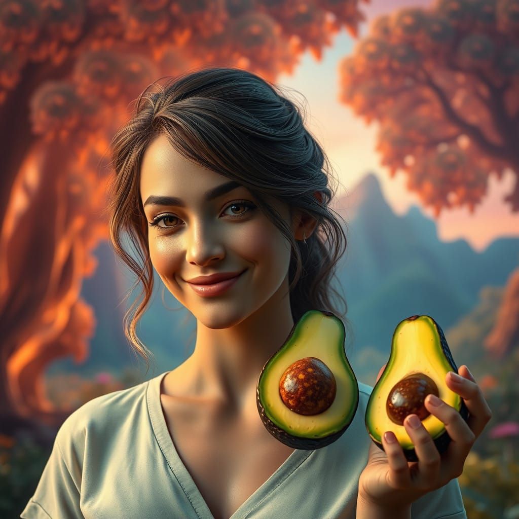 Serene Woman in Vibrant Dreamlike Landscape with Avocado