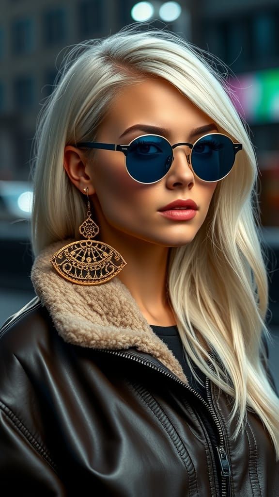 Platinum Blonde in Art Nouveau Earrings and Sunglasses
