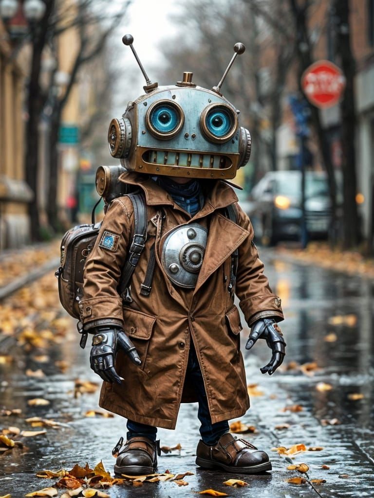 Steampunk Robot on Rainy Street with Vintage Vibe