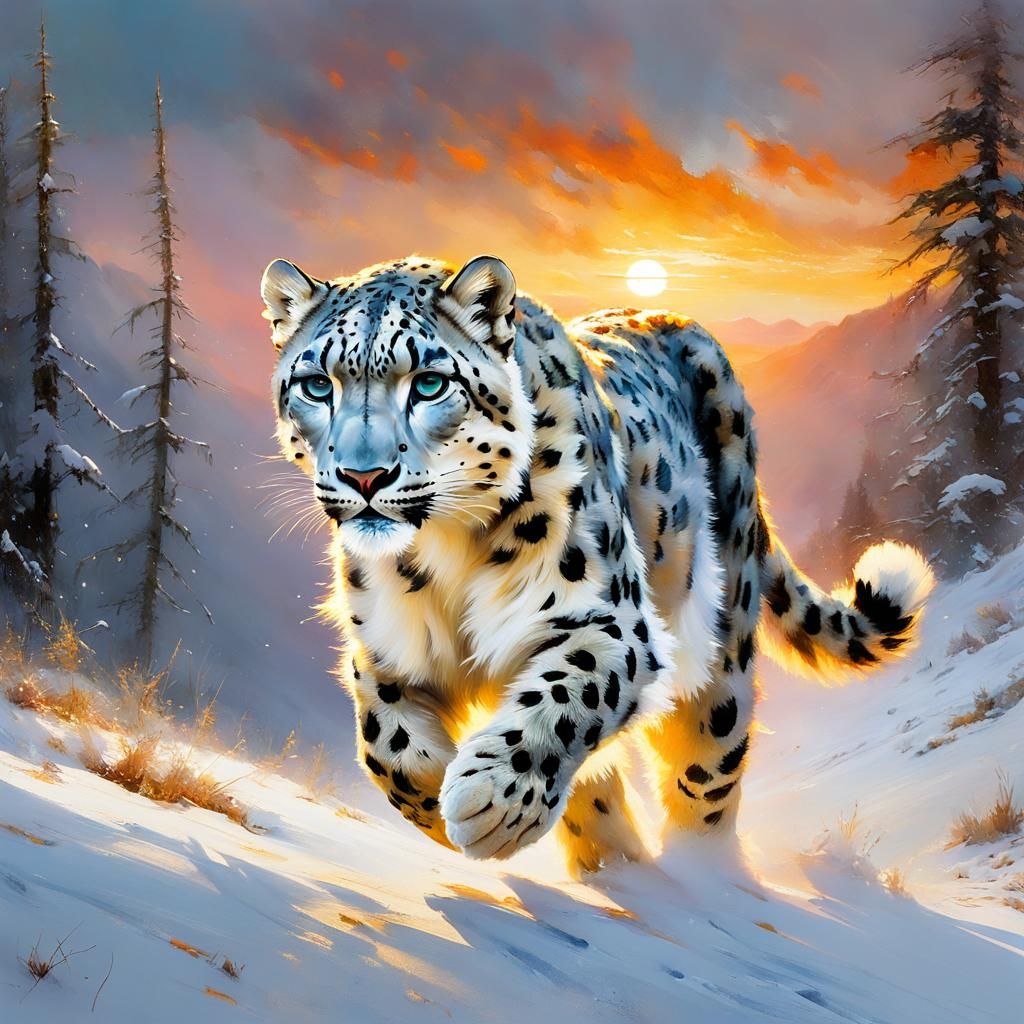 Snow Leopard Runs at Sunset: Detailed Matte Painting