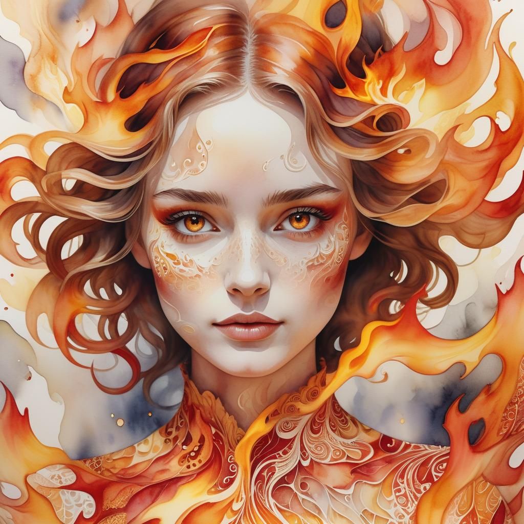 Girl in Fire: A Watercolour Painting