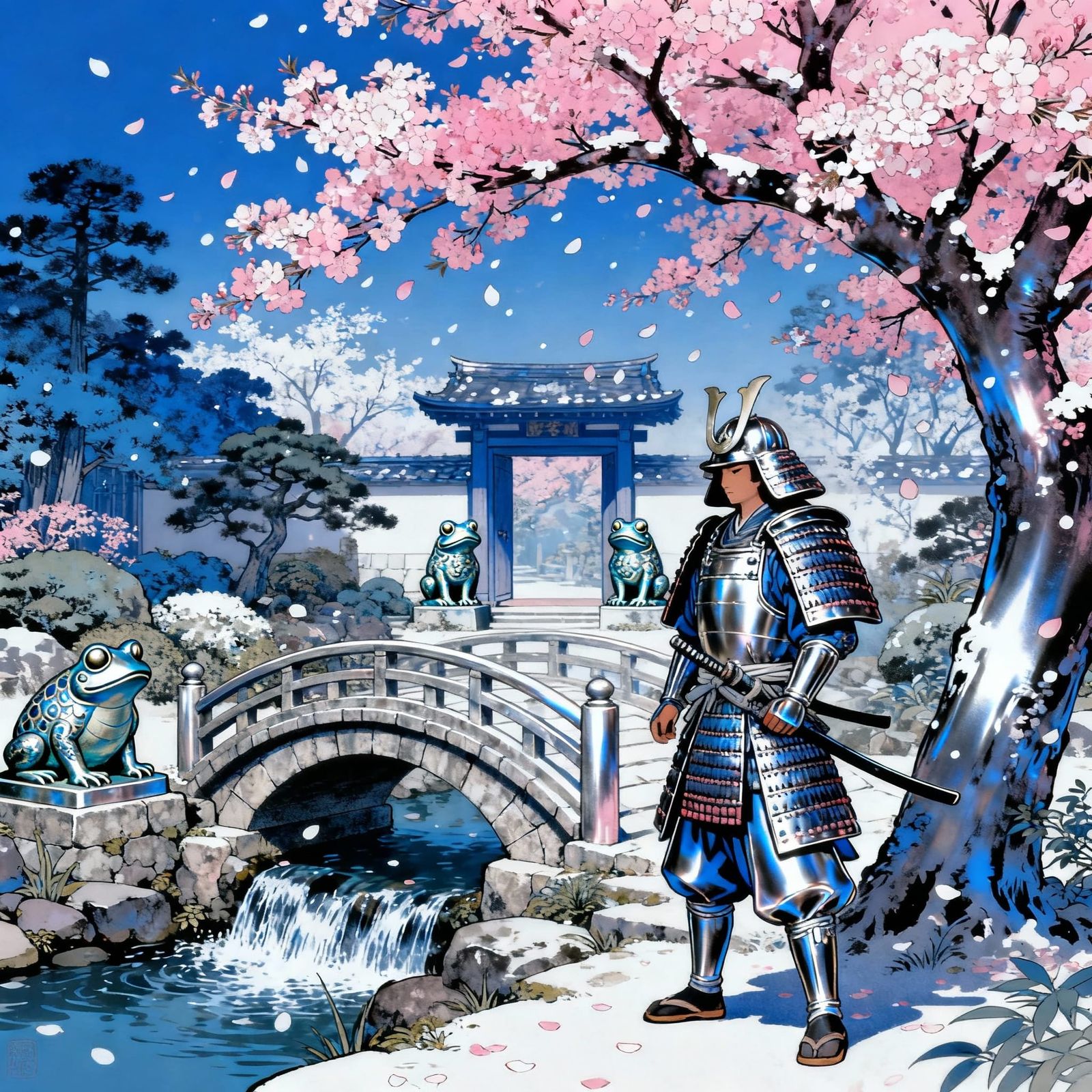 Samurai Warrior Under Cherry Blossoms in Ukiyo-e Style