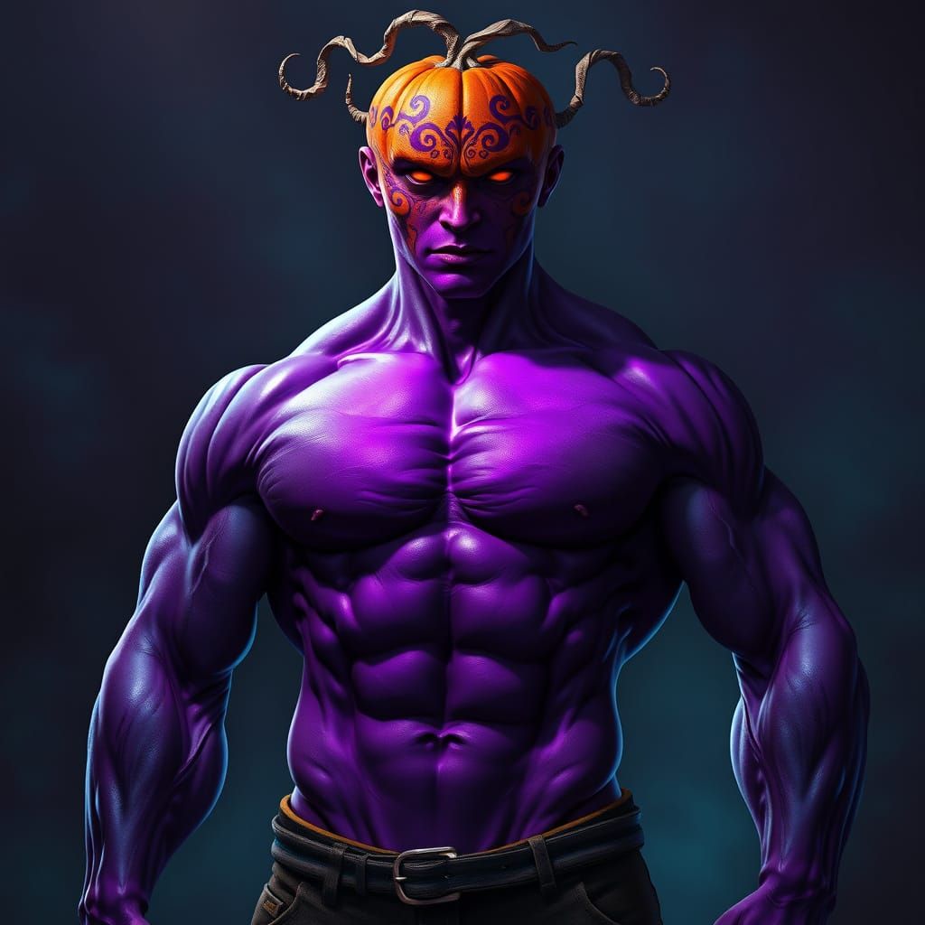 Vibrant Fantasy Warrior with 12-Pack Abs and Pumpkinhead