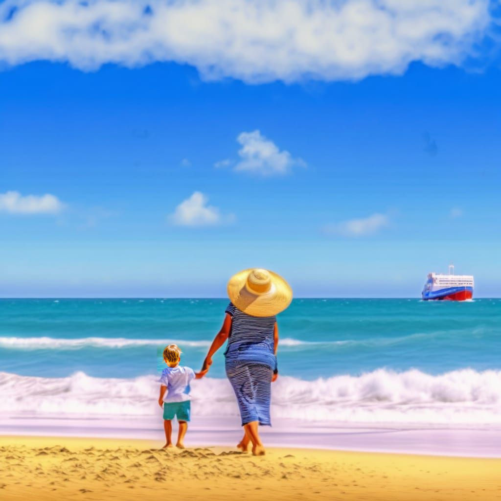 Mother and Son at Sunset on a Tranquil Beach