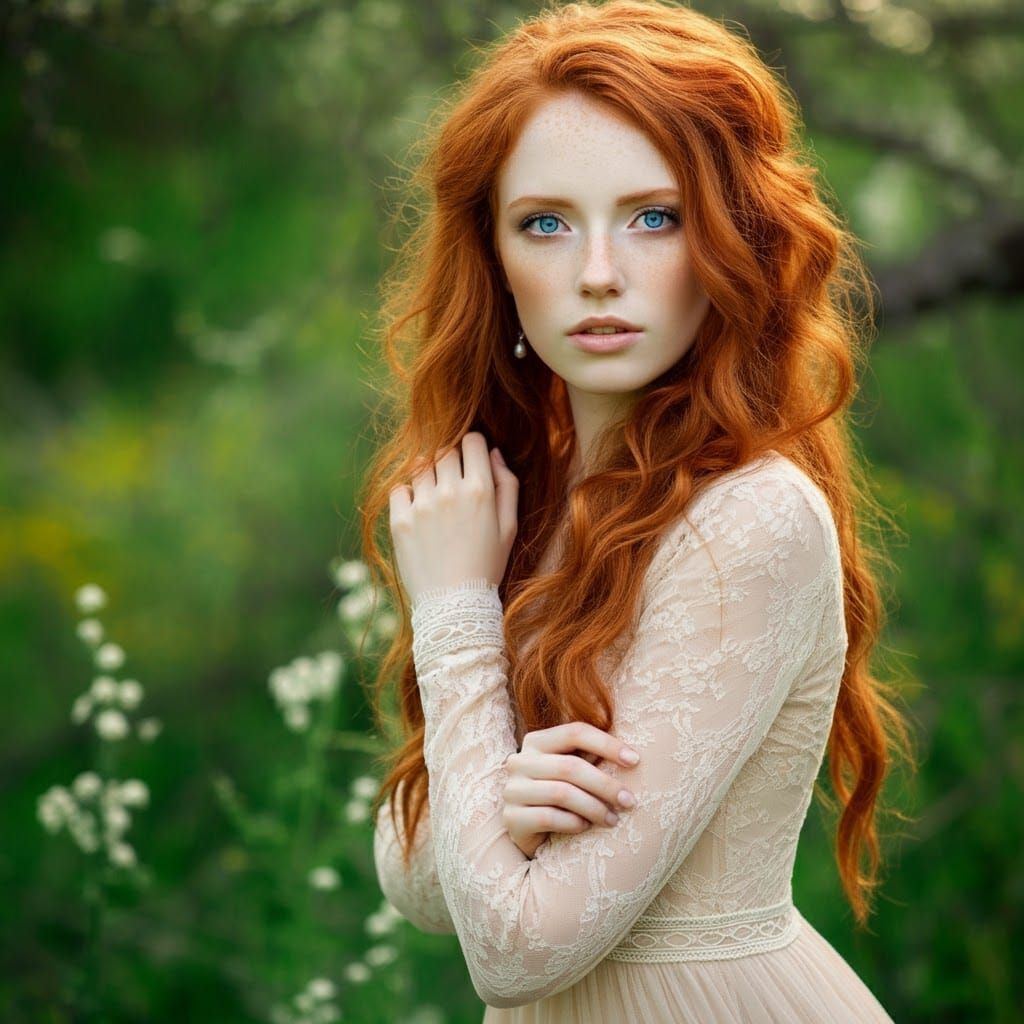 Stunning Red-Haired Maiden in Lush Outdoor Setting
