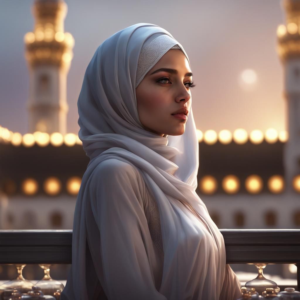Muslim Girl Praying with Kaaba View: Hyperdetailed Portrait