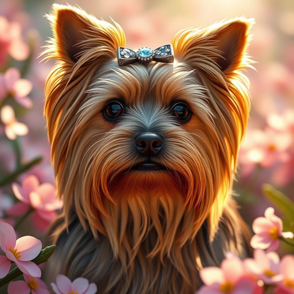 Regal Yorkshire Terrier in Enchanted Spring Landscape