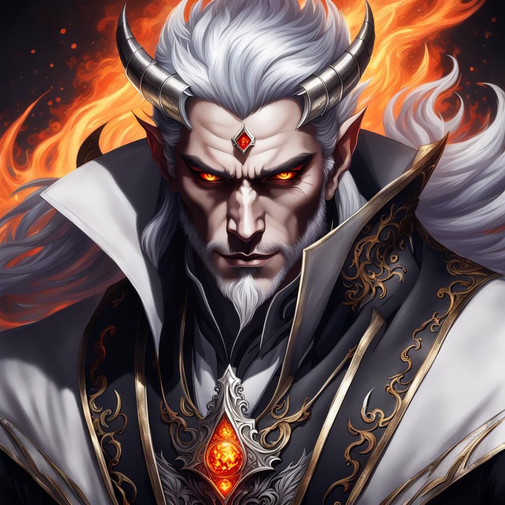 Elegant Demon King Portrait with Silver Hair