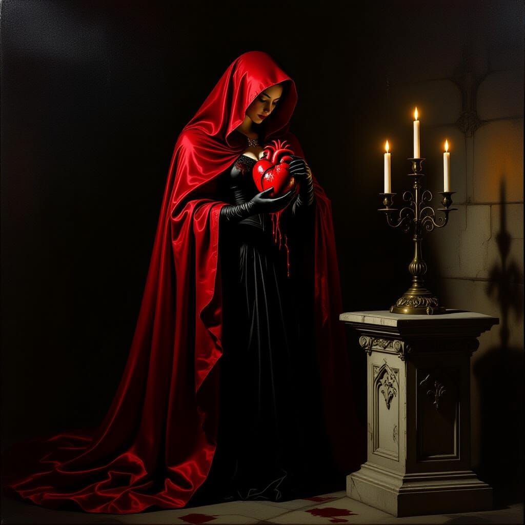 Mysterious Woman Holds Bloody Heart in Gothic Chamber