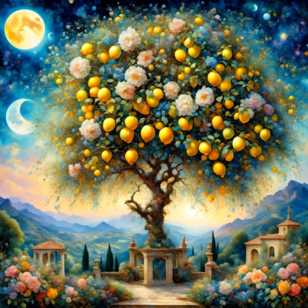 Springtime Italian Courtyard with Van Gogh Moon