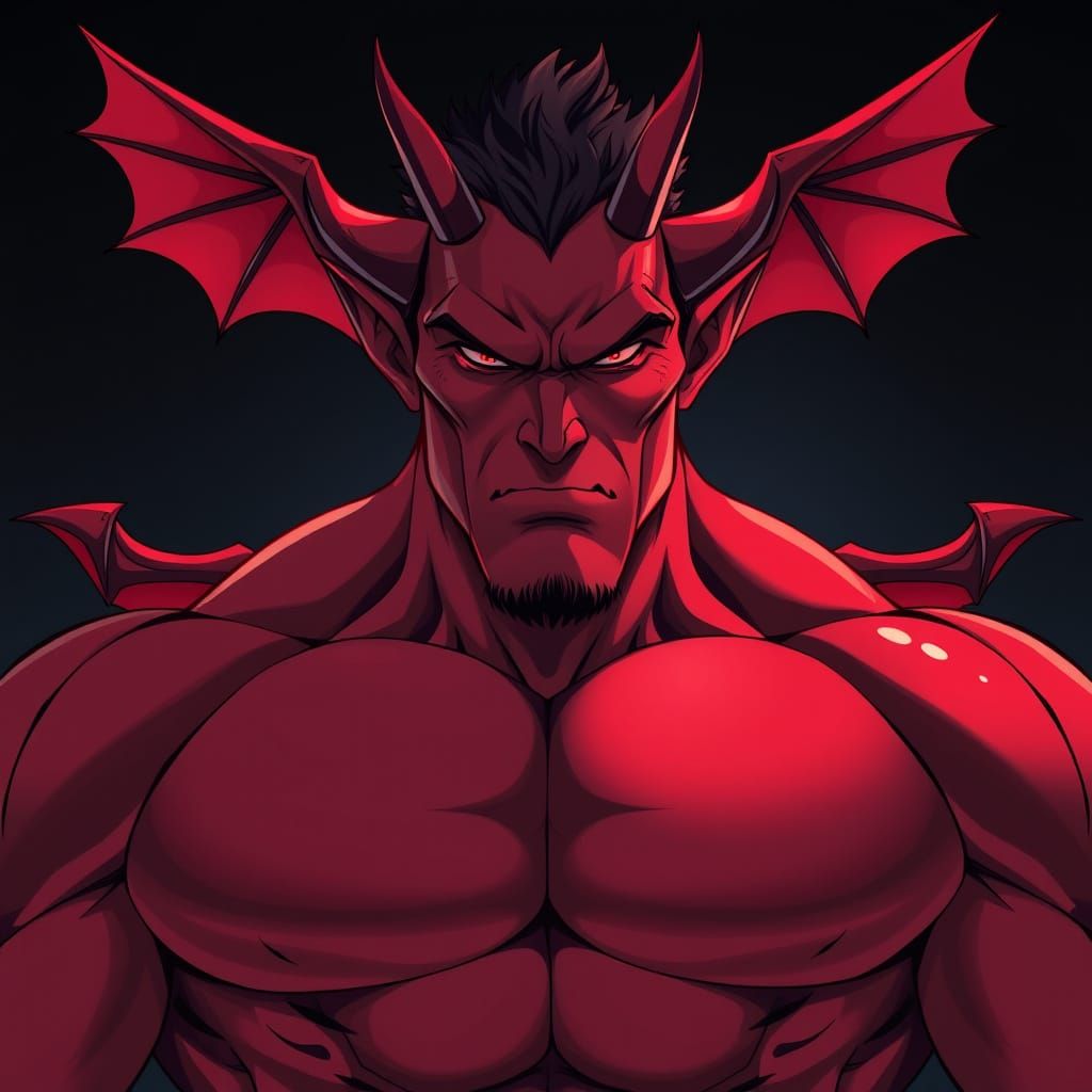 Manga-Inspired Warrior God with Bat Wings and Red Skin