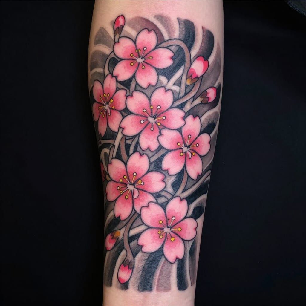 Neo-Traditional Japanese Cherry Blossom Forearm Tattoo