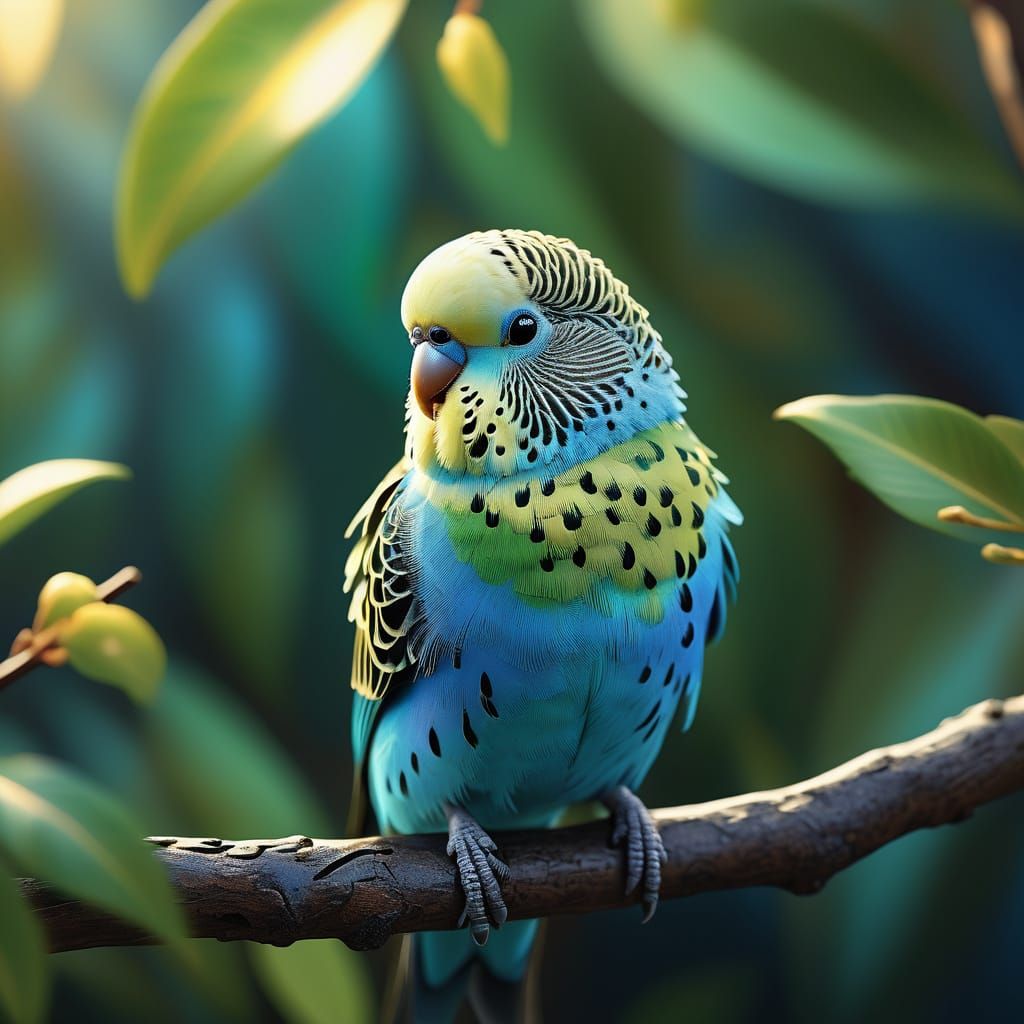 Vibrant Oil Painting of a Budgerigar on a Branch