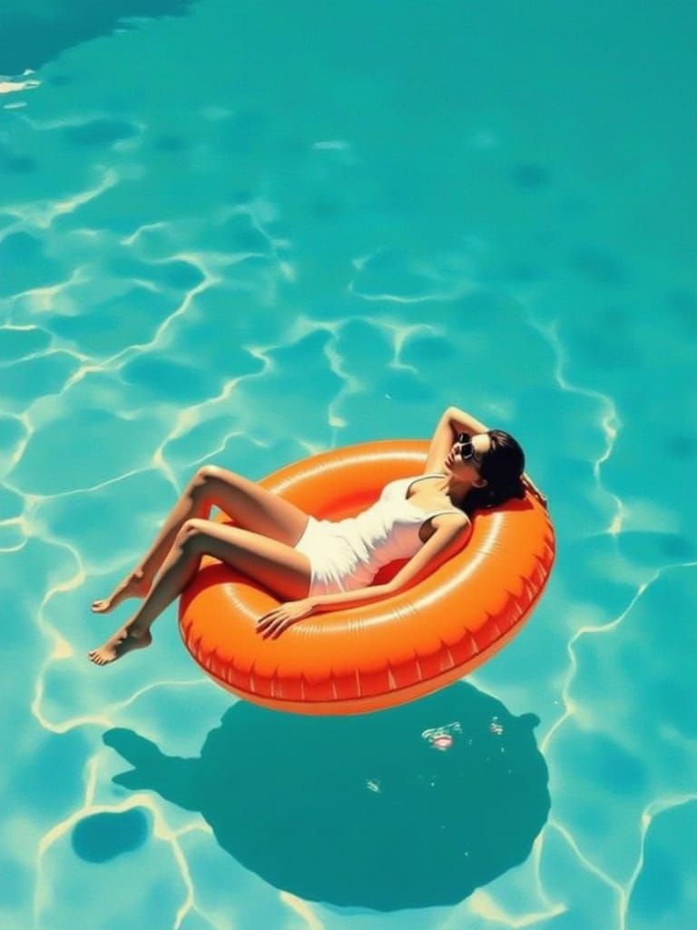 Surreal Summer Scene with Woman Relaxing on Vibrant Inflatab...