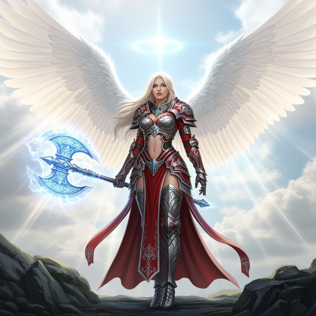 Warrior Angel on Cliff with Radiant Wings