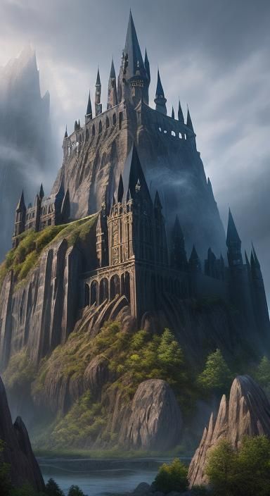 Hogwarts on a Rock Golem in Ethereal Fantasy Style