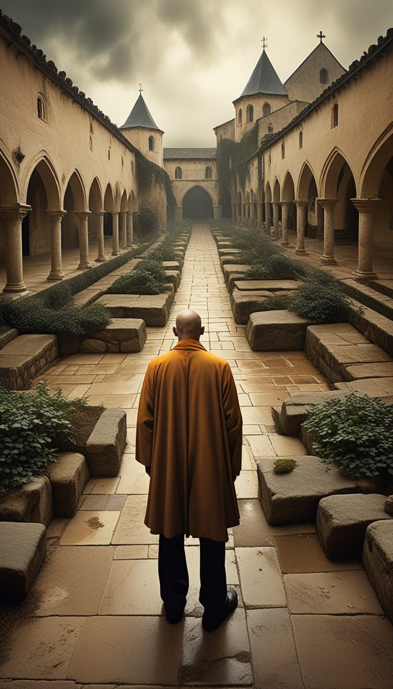 Monk in Surreal Medieval Monastery Cloister