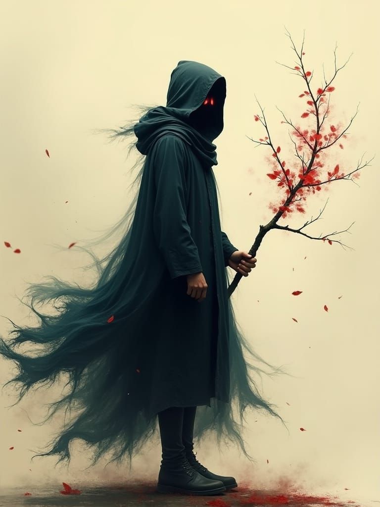 Ethereal Figure in Flowing Robes with Red Eyes