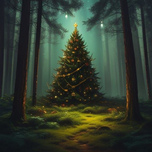 Magical Christmas Tree with Horses and Banner in Forest