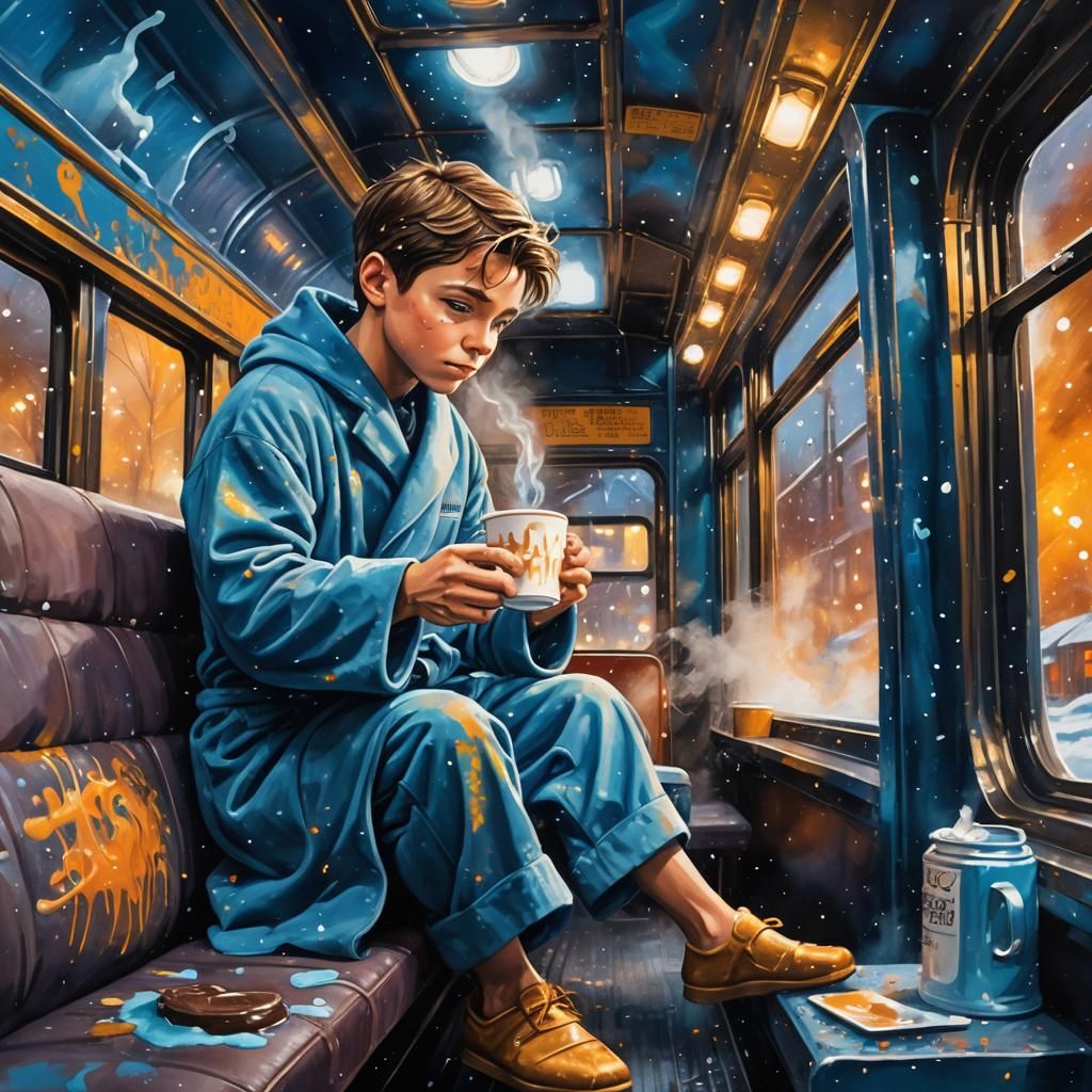 Boy on Polar Express Train in Graffiti Art Style