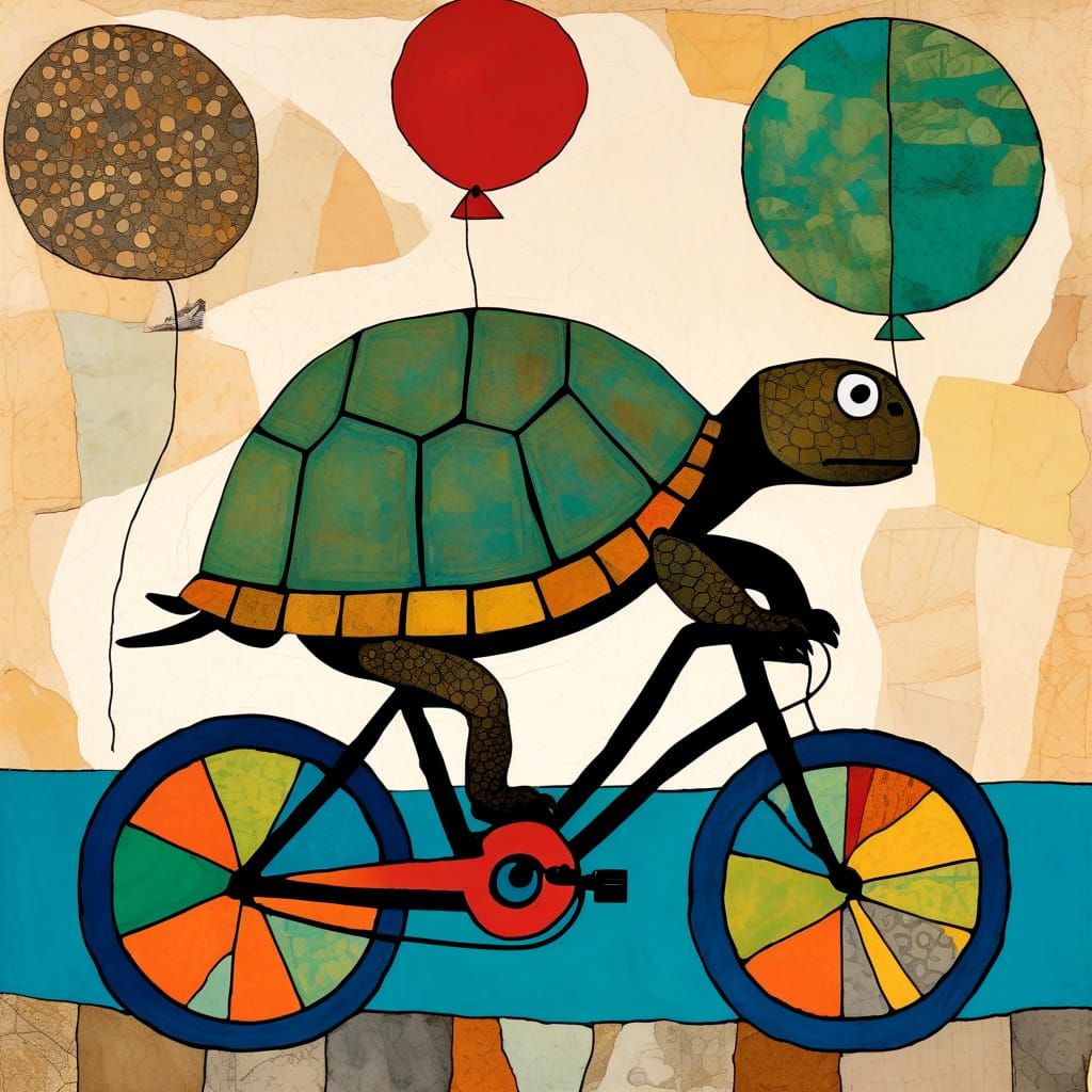 Turtle Rides Bicycle in Mixed Media Collage