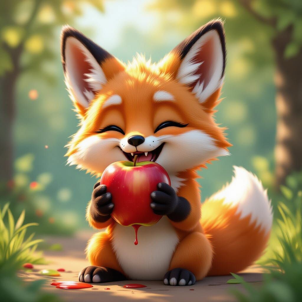 Fluffy Fox Enjoys Juicy Apple