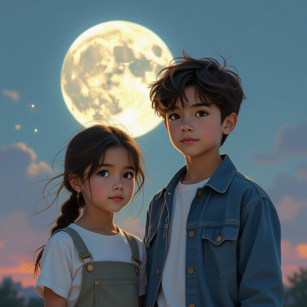 Ethereal Children in Moonlight: Hyperrealistic Splash Art