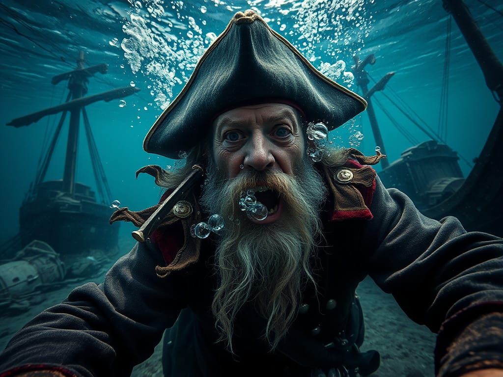 Epic Underwater Scene with Pirate Rising to the Surface