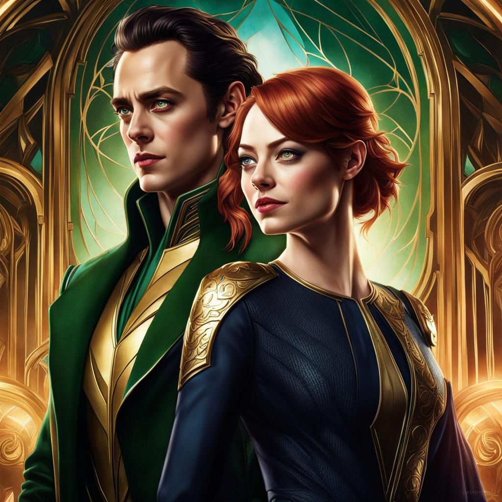 Romantic Portrait of Loki and Emma Stone in Art Nouveau Styl...