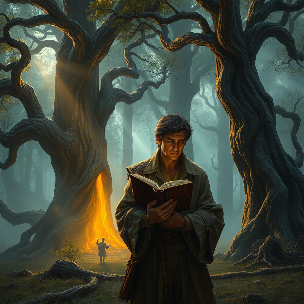 Weary Time Traveler in Mystical Forest, Detailed Matte Paint...