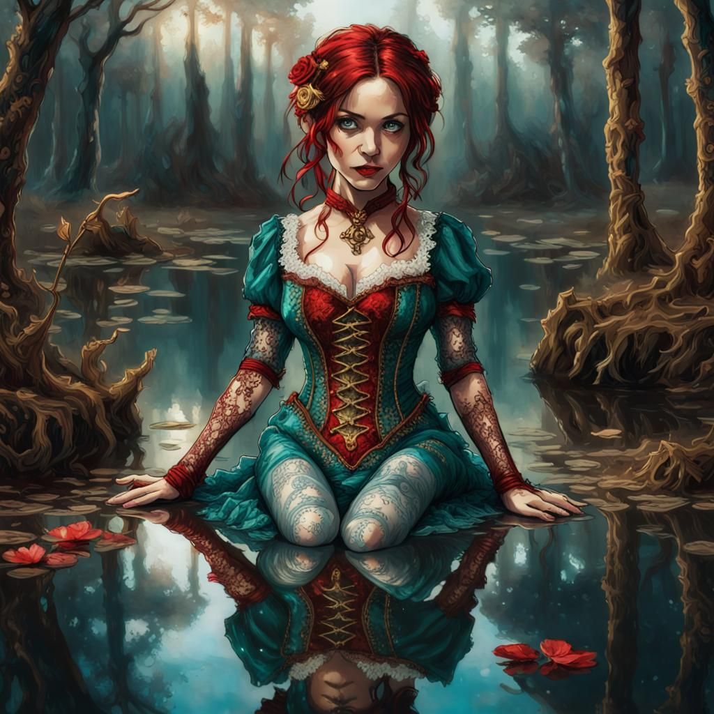 Steampunk chibi triss merigold in teal and red and golden dress made of lace touching a mirrored reflection of herself, ...