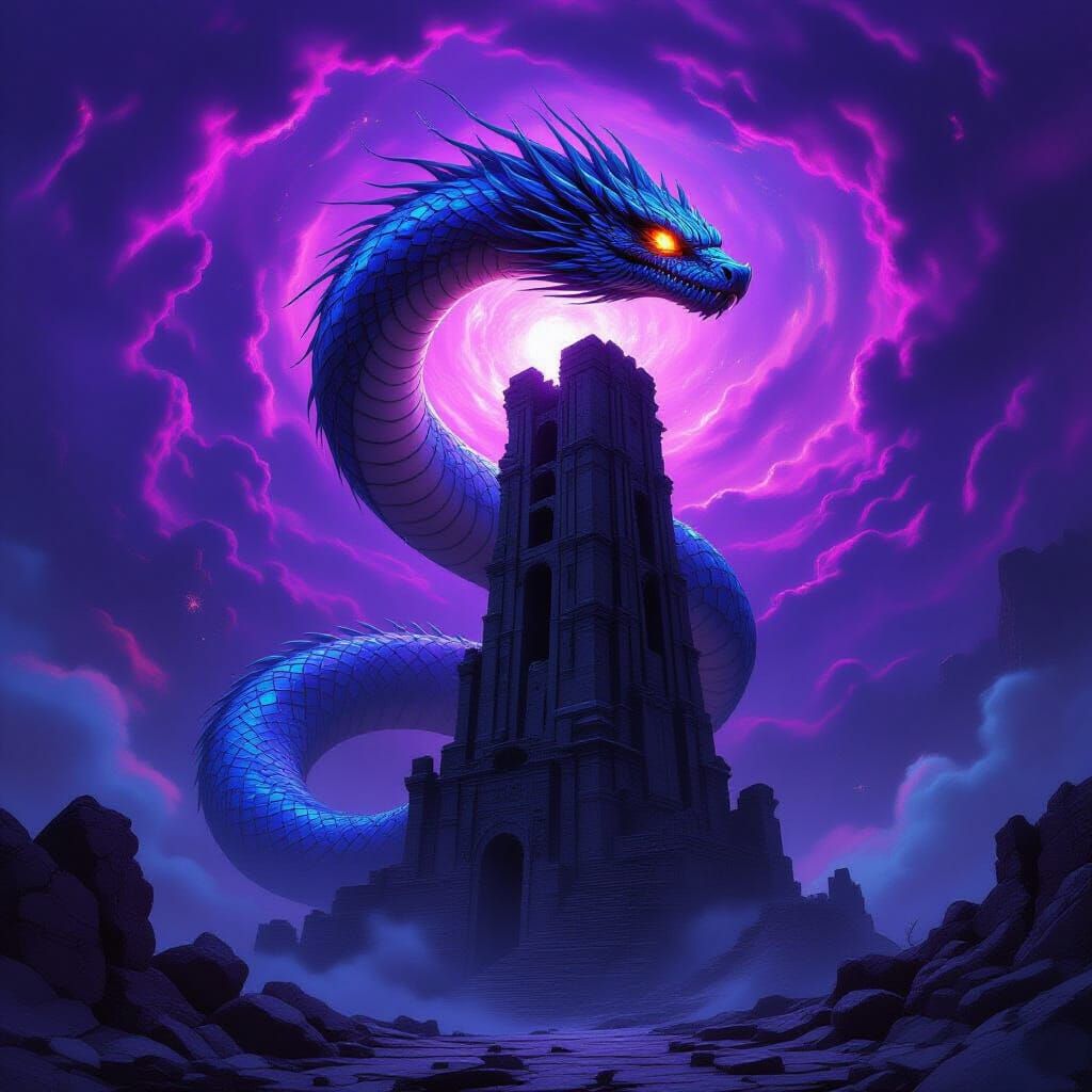 Feathered Serpent Coils Obsidian Tower in Nebula