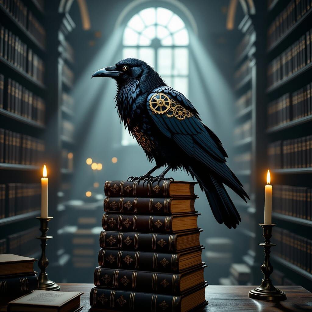 Clockwork Raven in Library: Monochromatic Photogram