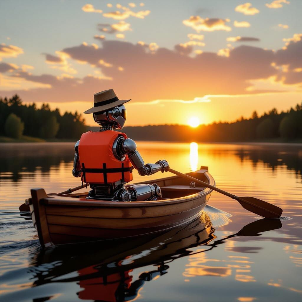 Robot Rower on Lake at Sunset in Digital Art