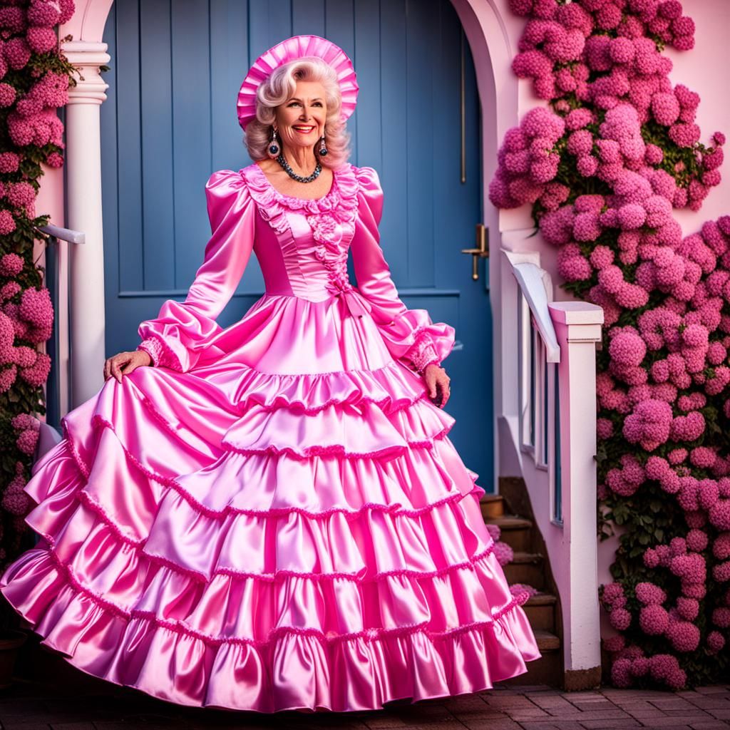 Mature Woman in Pink Satin Ruffle Dress