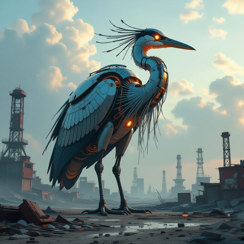 Mechanical Heron in Post-Apocalyptic Wasteland, Sci-Fi Art